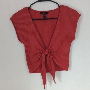 Forever 21 Coral Colored Ribbed Tie Front Crop Top Cap Sleeve Size Small